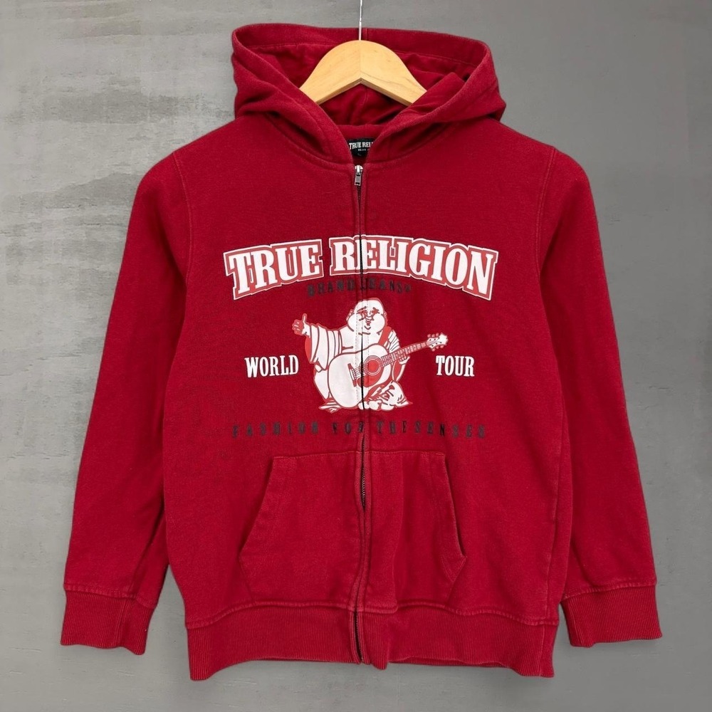 True Religion Zip Up Hoodie Red World Tour Buddha Graphic Kids Size XL